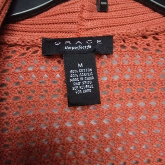 ✨Sz M Womens Sweater Grace Elements Orange Cardigan mesh knit chunky 3/4 sleeve✨ - Picture 3 of 4